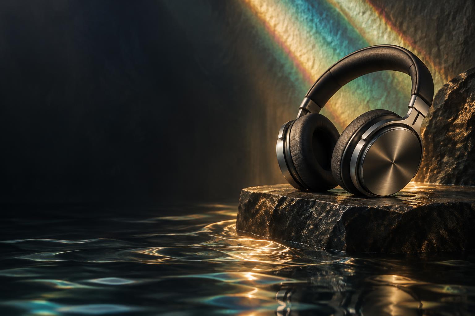 Casque de studio, reflets colorés et ondulations de l’eau